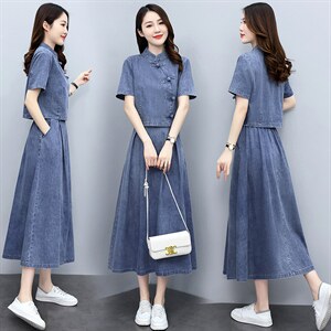 天丝牛仔连衣裙女夏季2024新款两件套洋气减龄套装裙宽松大码套装,女装套装/套裙,关键词