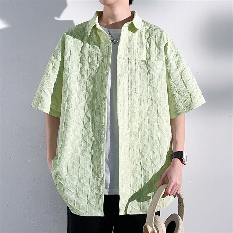 2023夏季设计感肌理大码半袖衬衫男ins休闲翻领短袖上衣C849-P45，男装衬衫，电商A001