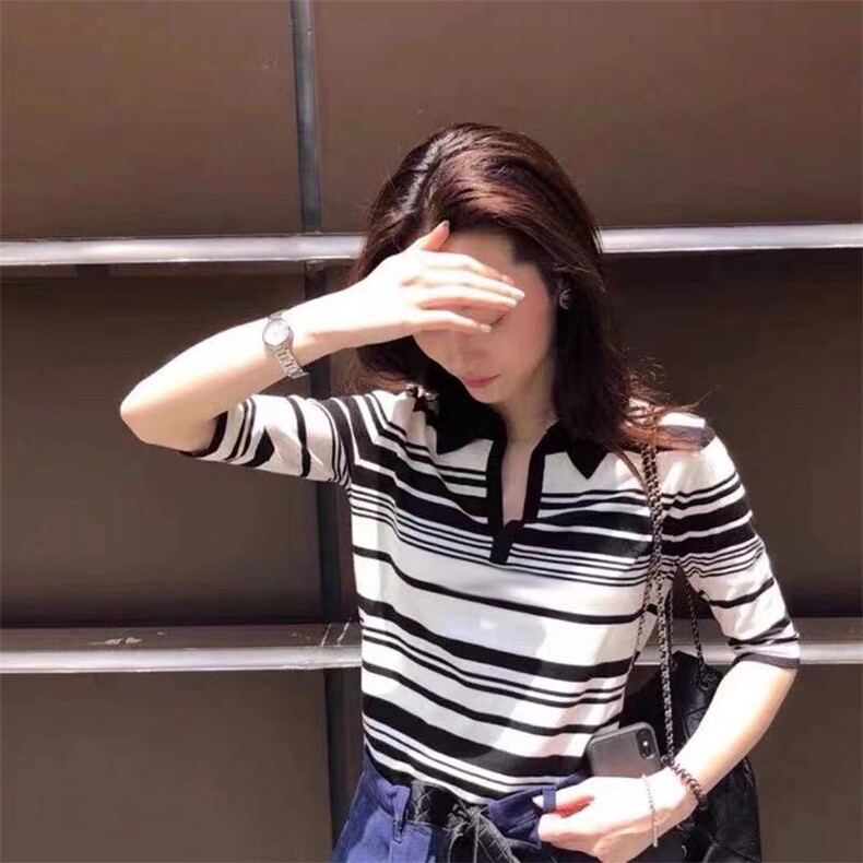 时尚条纹POLO领纯棉短袖针织衫显瘦百搭黑白T恤女，女装针织衫/毛衣，洁纯羊绒