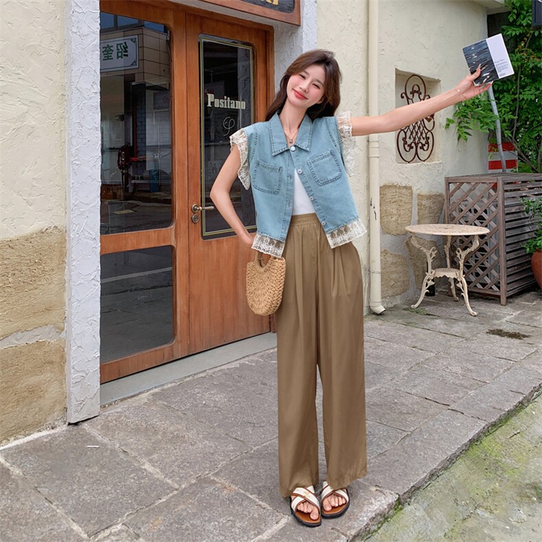 韩版减龄蕾丝边牛仔马甲上衣套装女2025夏季新款显瘦阔腿裤两件套,女装套装/套裙,多米2-075