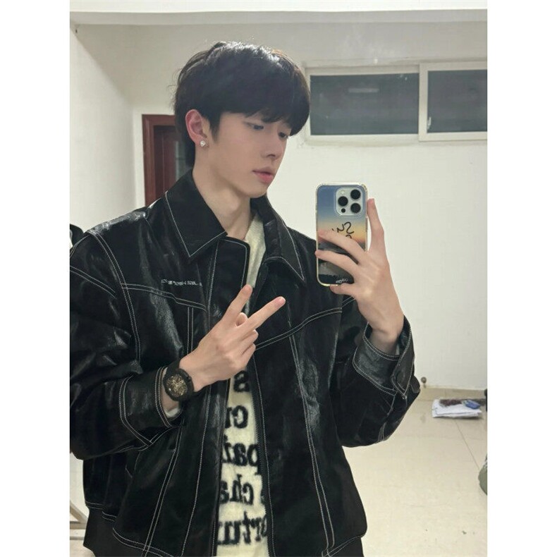 现货不缺货2025新款假两件皮衣外套1209-1-JK17-P108（网图），男装皮衣，星座1209-1