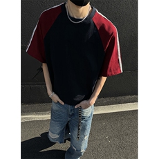 抖音得物二开品质240克宽松纯棉美式高街撞色织带短袖T恤YQ39，男装T恤，电商A486-1