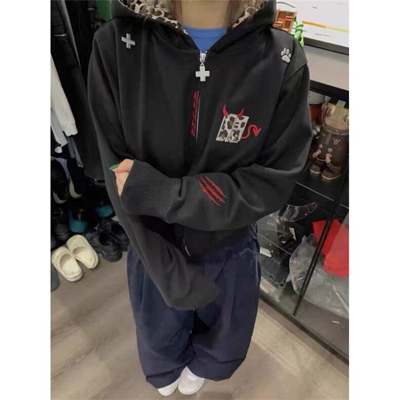 小恶魔豹纹连帽拉链卫衣男女春秋冬开衫刺绣运动外套 WLH88图片