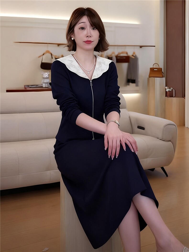 韩版女秋季新款时尚洋气套装裙娃娃领领开衫拉链上衣中长裙两件套,女装套装/套裙,江南