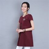 拼接通勤圆领文艺2021年夏季短袖中长款修身时尚T恤，女装T恤，丽影随形