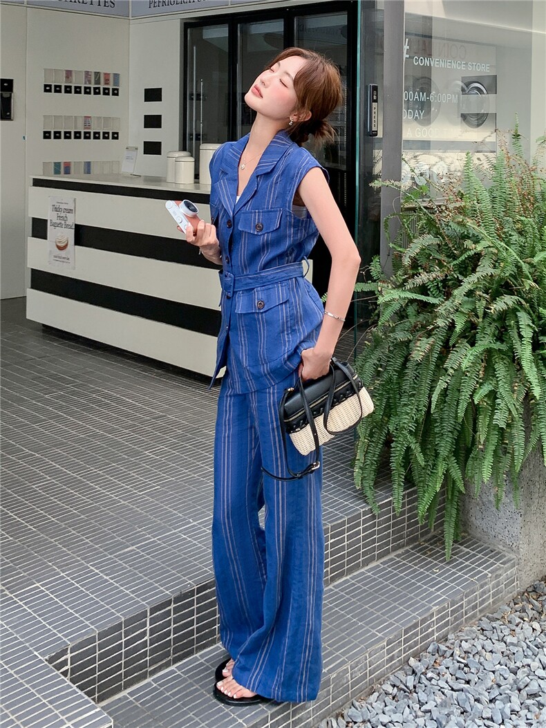 《现货26夏上新》100%亚麻条纹气质长裤收腰两件套装女,女装套装/套裙,苗苗