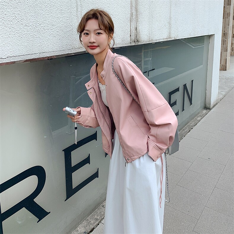 粉色蝴蝶结皮衣外套女2025春季新款超好看甜美减龄小个子圆领夹克,女装皮衣,2C236