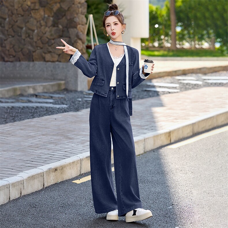 时尚蕾丝花边牛仔套装女2025春季新款超火穿搭短外套阔腿裤两件套,女装套装/套裙,贵人树
