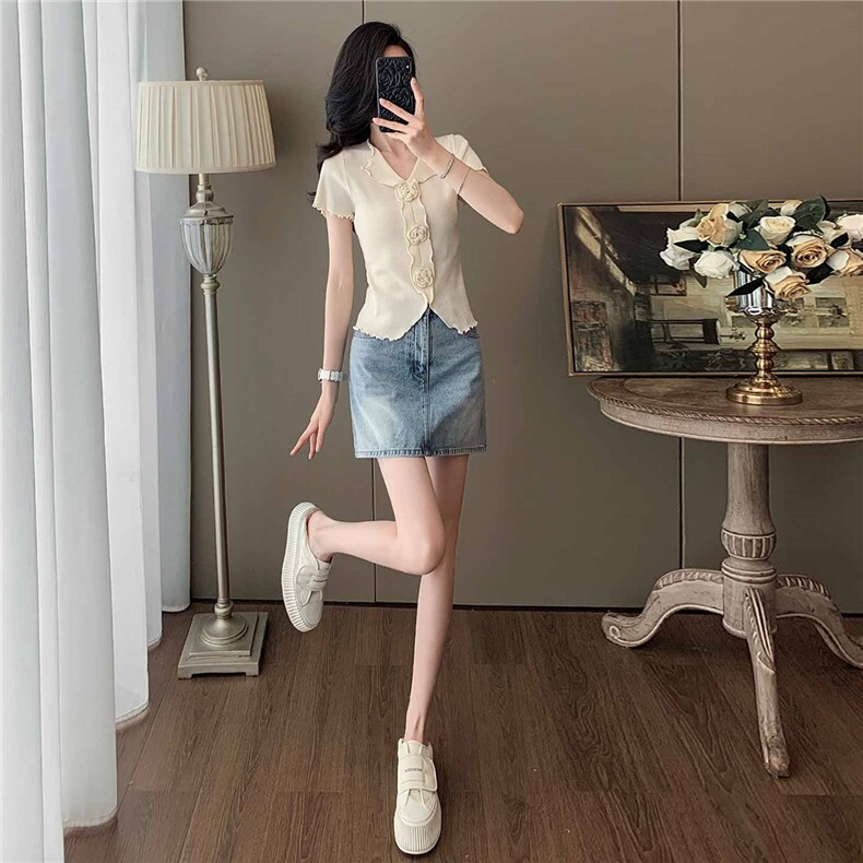 时尚气质套装女夏季新款修身显瘦立体花朵短袖上衣牛仔短裙两件套,女装套装/套裙,江南