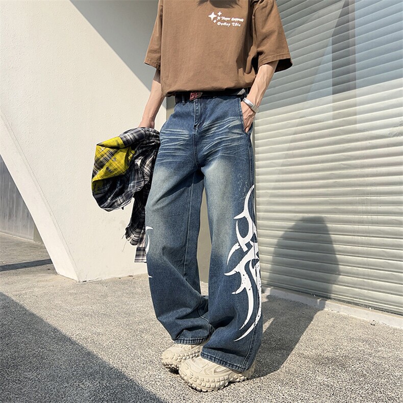 设计感撞色刀锋印花牛仔裤男女夏季新款美式宽松拖地裤潮N148-P52,男装牛仔裤,星座308B-1