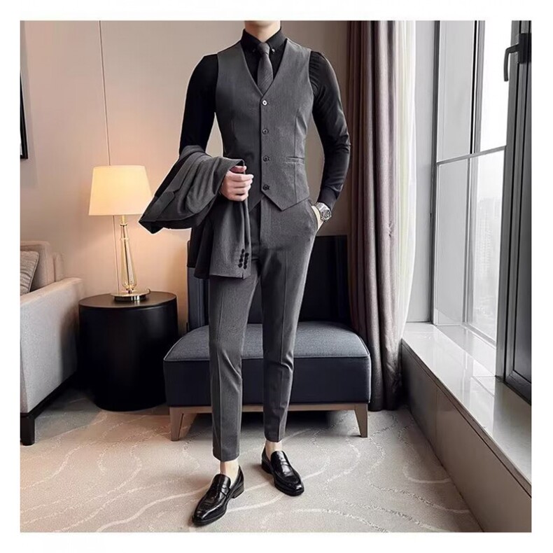 高级灰气质英伦风修身西服男2026秋冬新郎结婚礼服商务大码职业装,男装西服,星座506A