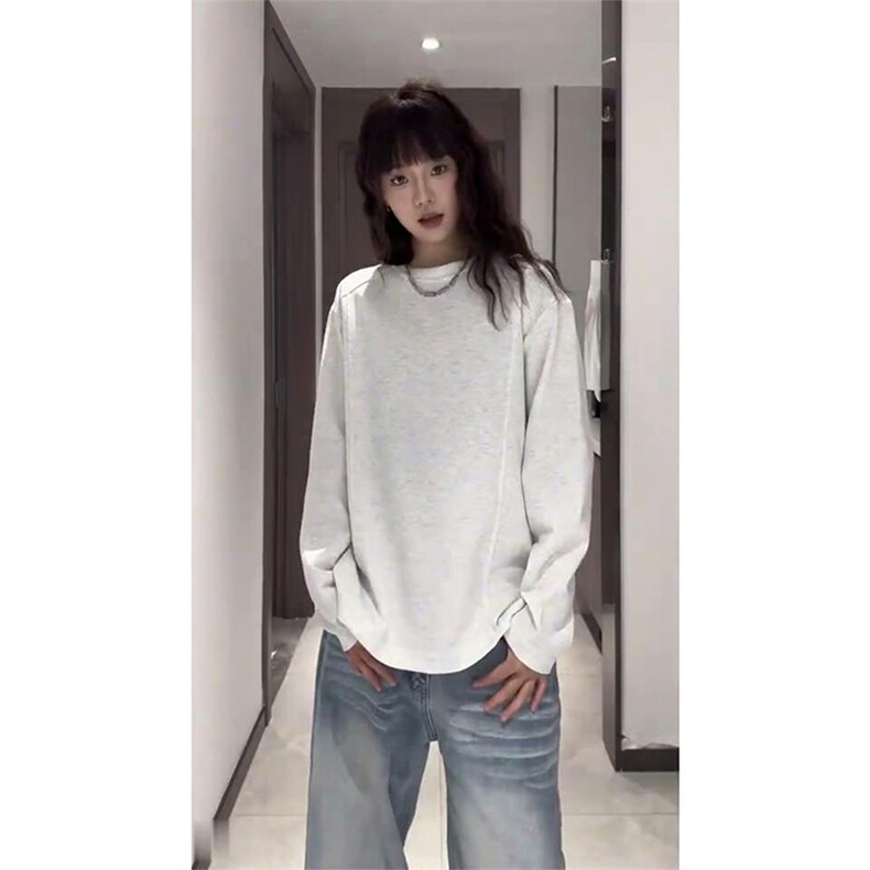 抖音得物品质美式高街重磅曼巴棉结构硬阔boxy版潮牌卫衣长袖T恤,男装T恤,电商A486