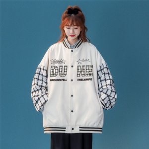 中性风 秋季宽松呢料棒球服拼色夹克情侣外套男女G6701 P85控108图片