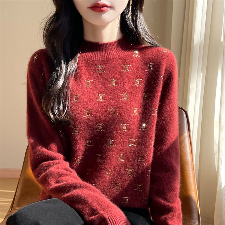 羊毛双C烫钻半高领针织衫打底衫毛衣宽松上衣，女装针织衫/毛衣，春韵羊绒