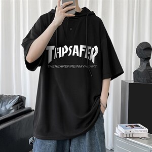 LD54007-P45 连帽短袖t恤男大码胖子带帽五分袖中袖图片