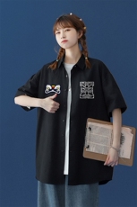 中性风2024夏季新品印花宽松翻领短袖衬衣衬衫CS105P35控58，女装衬衫，A247A