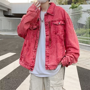 美式高街牛仔外套男韩版潮流拉链红色2025秋冬季ins夹克W5101-P73图片