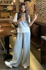 休闲浅蓝色假两件短袖T恤阔腿裤套装女夏2025新款爆款显瘦两件套，女装套装/套裙，浪娴服饰