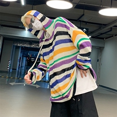 秋款男连帽开衫毛衣针织衫条纹拼接休闲外套M56P50，男装针织衫/毛衣，星座1013-1