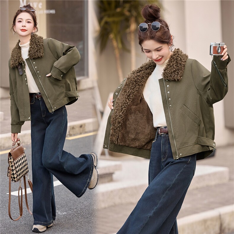 现货2025秋新款时尚设计感羊羔毛短款外套，女装派克服，仟媚宠