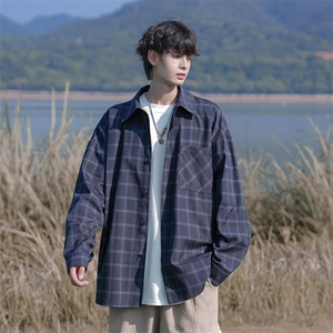 深蓝色格子衬衫男款春秋季2025新款复古美式慵懒风高级感长袖衬衣图片