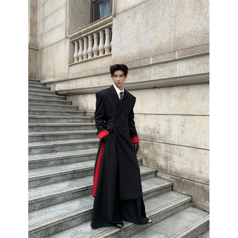 现货~红内撞色长款垫肩收腰大衣Y960-西装风衣P118毛呢大衣P12，男装西服套装，星座1004-3