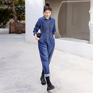 时尚显瘦牛仔连体裤女宽松高腰长袖工装裤，女装连体裤，秋水欣儿