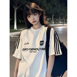 抖音得物高品质二开240克宽松纯棉美式潮牌三条杠织带短袖T恤图片