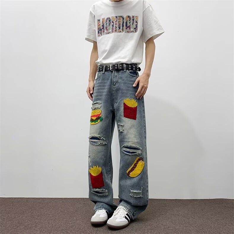 美式汉堡薯条毛巾绣割破牛仔裤男女vibe宽松阔腿长裤RK3138-P57,男装牛仔裤,星座412-3