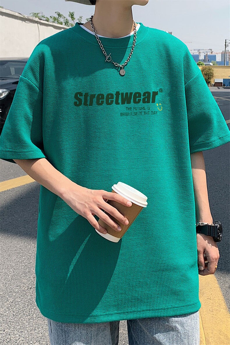 ！2023夏季华夫格短袖T恤简约字母宽松半袖体恤TXH215P25,男装T恤,电商B220