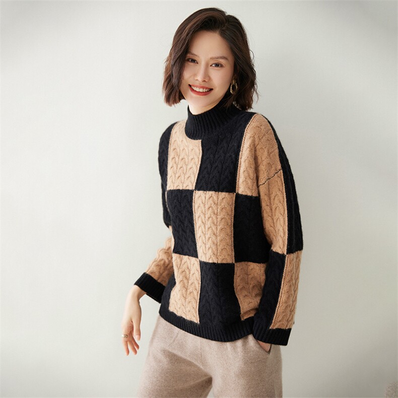 时尚方格嵌花半高领女士羊绒衫优雅显瘦保暖毛衣,女装羊绒衫,迎冬羊绒