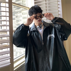 港风鳄鱼纹皮衣大码M-5XL潮美式字母印花皮夹克JK7815P90控128图片