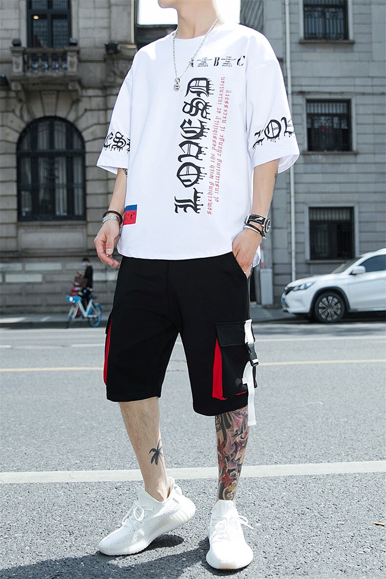 新款夏季潮流时尚T恤男装青少年宽松休闲圆领套装F178P70,男装休闲套装,电商A086