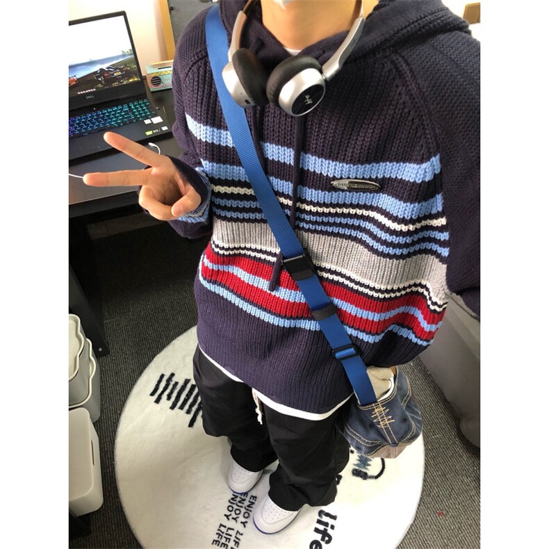 【有货】DU10-P58松弛感设计条纹撞色连帽针织衫秋冬男女百搭毛衣,男装针织衫/毛衣,星座603-2