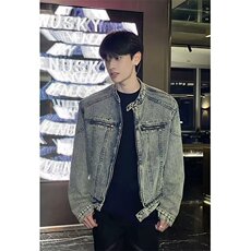 美式短款牛仔外套男高级感痞帅发型师潮牌男装垫肩立领牛仔衣夹克，男装工装外套，星座1002-2