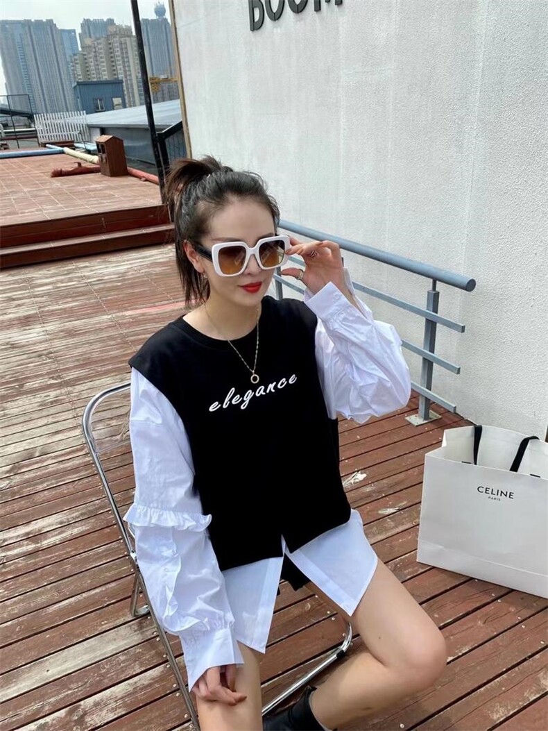 字母刺绣假两件卫衣，女装卫衣/绒衫，Q.P