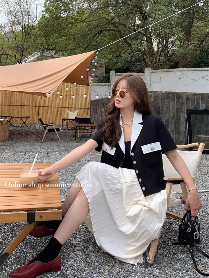 现货拼色小西装短袖，女装西装，F/TU