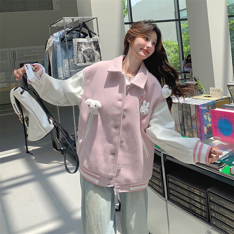 小众设计感立体撞色粉色棒球服女春秋季宽松多巴胺学院风可爱外套,女装毛呢外套,天使之佳话