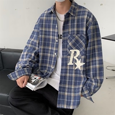 格子衬衫春秋季韩版情侣装美式复古衬衣宽松休闲外套W7001-P40，男装衬衫，星座512-2