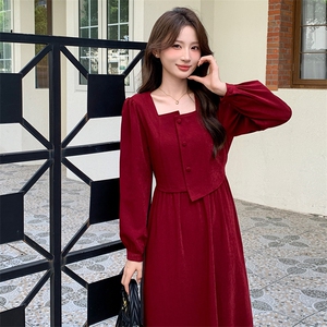 复古法式方领收腰连衣裙女2025秋季新款高级感中长款裙子图片