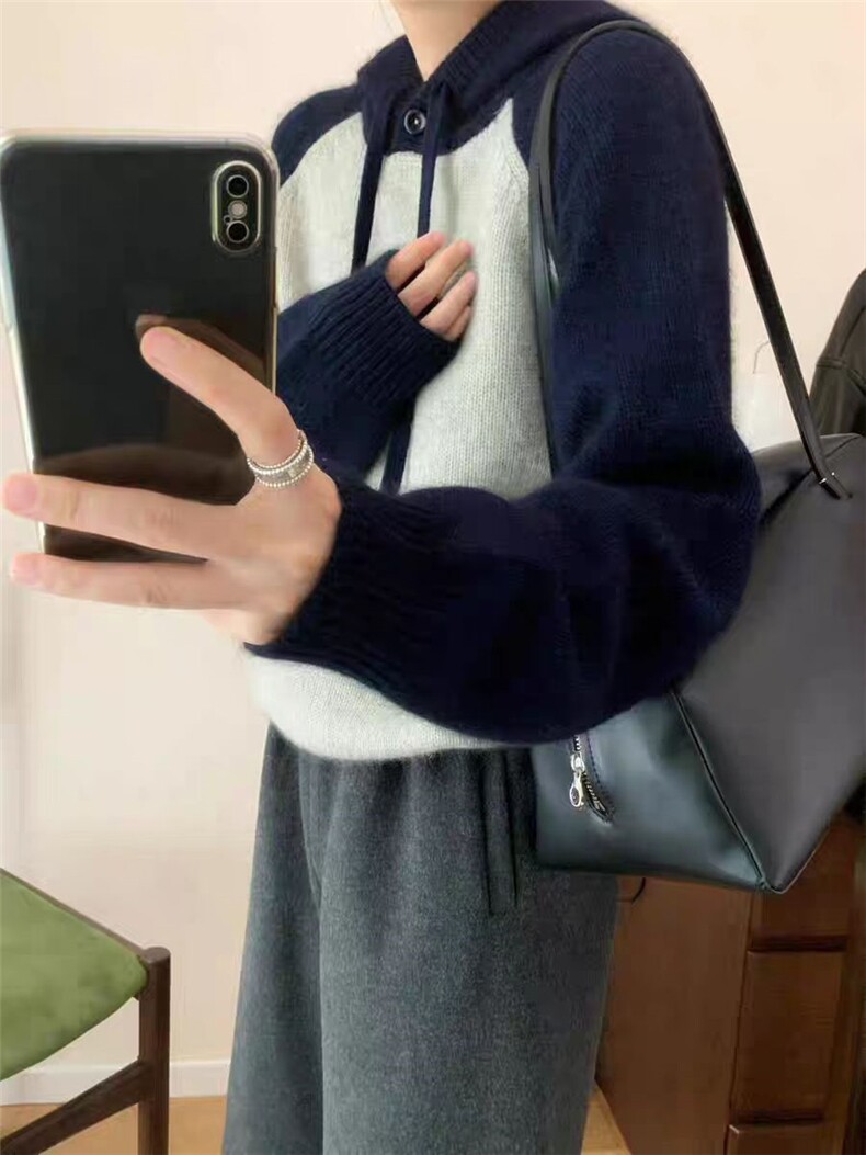 秋冬新款拼色连帽针织卫衣时尚百搭,针织衫/毛衣,冀清阳荣