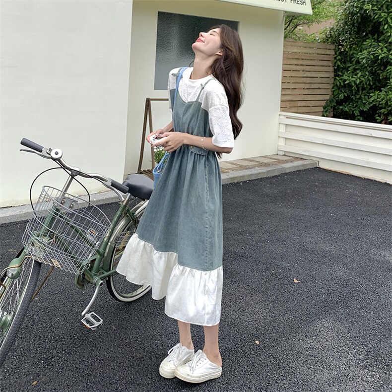 假两件拼接牛仔背带连衣裙女2025夏季新款韩版宽松休闲减龄长裙子图片