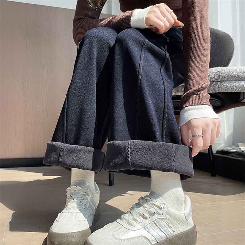 高腰窄版牛仔裤秋冬加绒新款小个子丹宁蓝宽松直筒阔腿裤子,女装休闲裤,云美莎专业女裤-全店现货