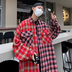 潮高街撞色拼接口袋格子长袖衬衫男女宽松潮牌衬衣外套2218/P45图片