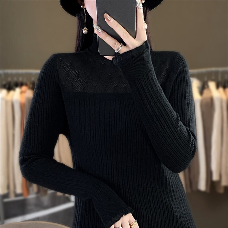 时尚半高领欧根纱拼接针织衫 显瘦修身长袖毛衣女款图片