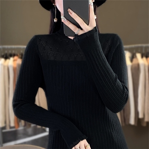 时尚半高领欧根纱拼接针织衫 显瘦修身长袖毛衣女款图片