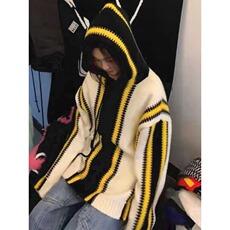 美式慵懒风oversize撞色条纹毛衣男女秋冬情侣高级感连帽针织外，男装针织衫/毛衣，星座1210-1