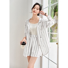 条纹连帽中长款宽松轻薄休闲衬衣真两件套女2024夏季新款洋气套装，女装套装/套裙，安之芮娜