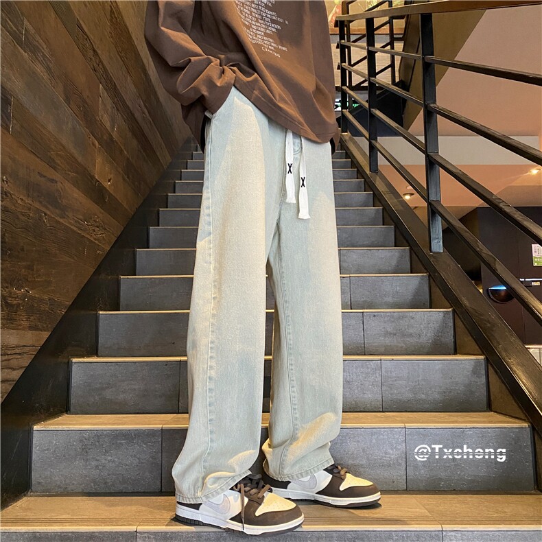 浅蓝色松弛感抽绳牛仔裤男款夏季美式复古松紧腰潮牌直筒宽松裤子，男装牛仔裤，电商B315