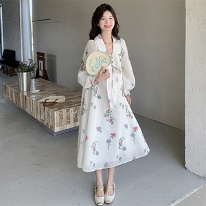 米白色法式温柔气质印花连衣裙2025春季新款超好看减龄大翻领长裙图片